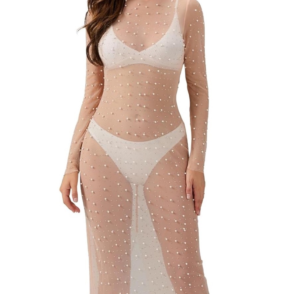 Sheer Pearl and Crystal Embellished Maxi Slip Dress NWOT - Nude